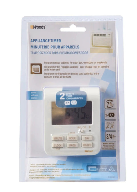 Top Rated Seven Day Digital Timer With Dual Outlets Serves As Heavy Duty Workhorse For Indoor Appliances And LED Fixtures Delivers Rock Solid Automation Zero Hassle Programming And Reliable On Off Power Control In White Design in packaging with buttons visible.