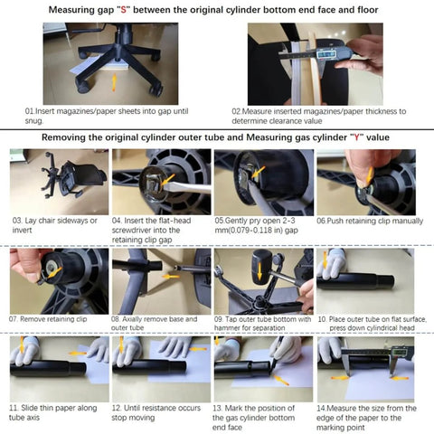 Instructions for replacing Office Chair Gas Lift Replacement Cylinder With Class 4 TUV Certification Beefed Up Heavy Duty Piston 4.4 Inch Stroke Universal Fit showing step by step process.
