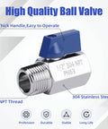 Five Pack Half Inch Mini Ball Valves Stainless Steel 304 NPT Female To Male Threads, blue handle, close-up view