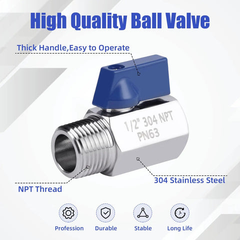 Five Pack Half Inch Mini Ball Valves Stainless Steel 304 NPT Female To Male Threads, blue handle, close-up view