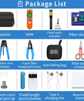 Package list showing the Pro Grade All In One Fiber Optic Tool Kit With Rechargeable Power Meter L C7 Visual Fault Locator.