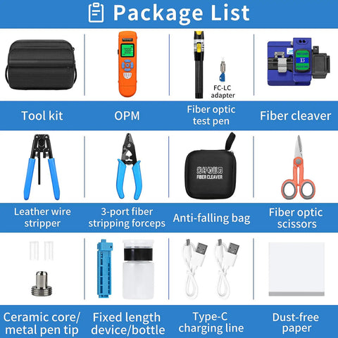 Package list showing the Pro Grade All In One Fiber Optic Tool Kit With Rechargeable Power Meter L C7 Visual Fault Locator.