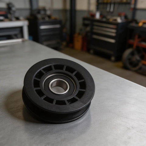Durable Idler Pulley Replacement for Walk Behind Mowers, Plastic Construction, on Workbench