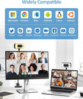 Super Sharp 4K Streaming Webcam With Auto Focus And Soft Key Light For Pc Laptop Desk Setup showing video calls on a monitor and laptop.