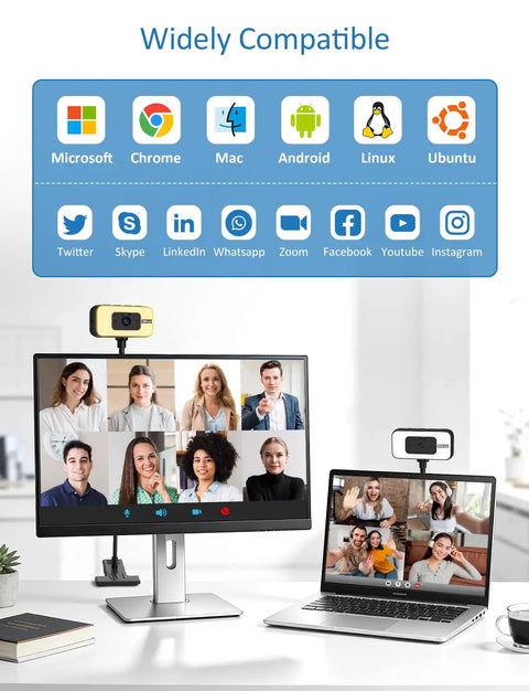 Super Sharp 4K Streaming Webcam With Auto Focus And Soft Key Light For Pc Laptop Desk Setup showing video calls on a monitor and laptop.