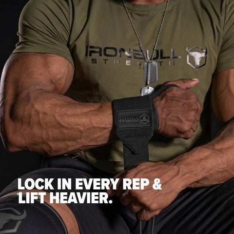 Athlete wearing 18 Inch Wrist Wraps For Weightlifting And Powerlifting With Thumb Loop, Premium Gym Wrist Support, close-up view.