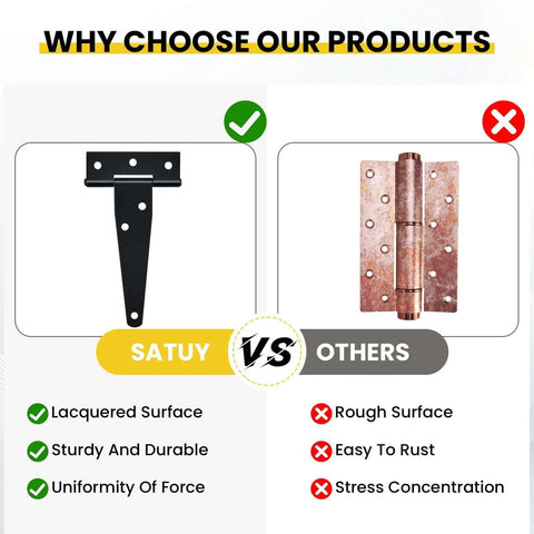 Comparison of 4 Pack Heavy Duty T Strap Gate Hinges for Barn Doors and a rusty hinge, highlighting durability and rust resistance.