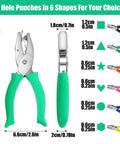 Grab And Go Six Piece Craft Hole Punchers Set with Handheld Metal Punches and Soft Grip Handles, showing circle, heart, star shapes.
