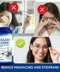 Heavy Duty Ultrasonic Eyeglass Cleaner Concentrate 16 Oz Solution bottle with clear eyeglasses and happy user.