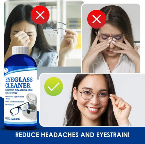 Heavy Duty Ultrasonic Eyeglass Cleaner Concentrate 16 Oz Solution bottle with clear eyeglasses and happy user.
