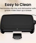 Extra Large Electric Griddle With Removable Temperature Control And Immersible Flat Top For Burgers Eggs And Pancakes Cook Up Big Batches On A Nonstick 10 By 20 Inch Surface With Slide Out Drip Tray Ideal For Crowd Cooking shown with drip tray and control knob