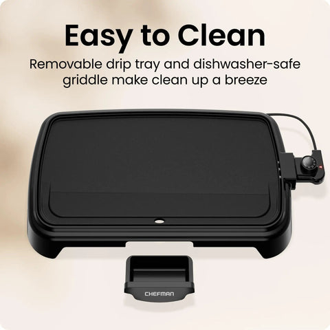 Extra Large Electric Griddle With Removable Temperature Control And Immersible Flat Top For Burgers Eggs And Pancakes Cook Up Big Batches On A Nonstick 10 By 20 Inch Surface With Slide Out Drip Tray Ideal For Crowd Cooking shown with drip tray and control knob