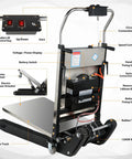 Heavy Duty 1200w Electric Stair Climbing Hand Truck With Upgraded Rubber Tracks And Height Adjustable Tray, showing battery, controls, and motor.