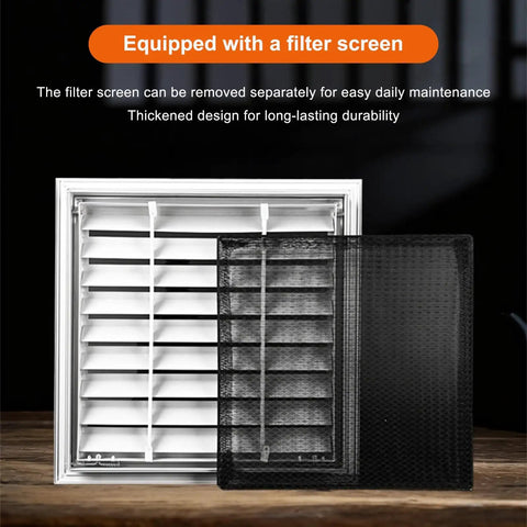 Top Notch Decorative Aluminum Air Vent Cover And Louvered Access Panel With Pre Filter Grille 21.6 inch showing filter screen removed.