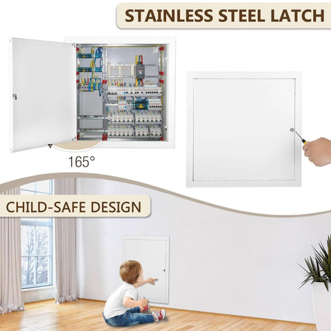 Built Tough 24 By 24 Access Panel For Drywall And Ceilings With Screwdriver Latch, stainless steel latch shown open for access.