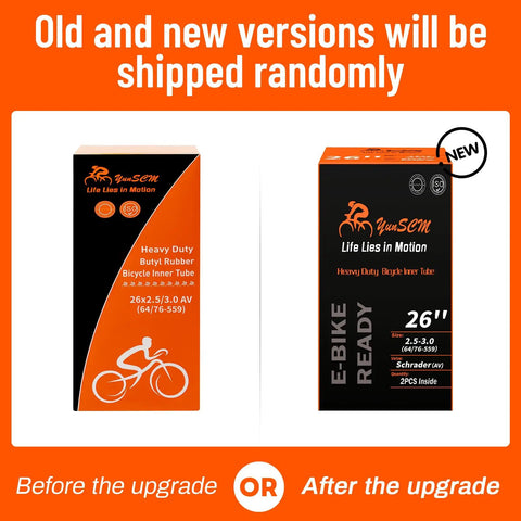 Heavy Duty 26x3.0 E Bike Inner Tubes packaging, old and new versions, featuring details and design for Schrader Valve Fat Tire Tubes.