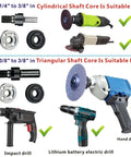 Electric Drill Grinder Wheel Disc Adapter Kit with compatible drills showing cylindrical and triangular shaft adapters.