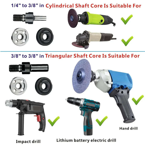 Electric Drill Grinder Wheel Disc Adapter Kit with compatible drills showing cylindrical and triangular shaft adapters.