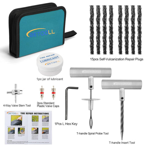 Heavy Duty 24 Piece Tire Repair Kit For Cars Trucks SUVs ATVs And More Pro Grade Emergency Flat Tire Plug Kit With Probes T Handle Tools Valve Stem Tool Caps Lubricant Hex Key And Carry Bag displayed with components