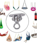 Heavy Duty Stainless Steel Ceiling Swing Hanger Wicked Smooth 360 Rotation Silent Bearing Mount close-up with various hanging seats arranged.