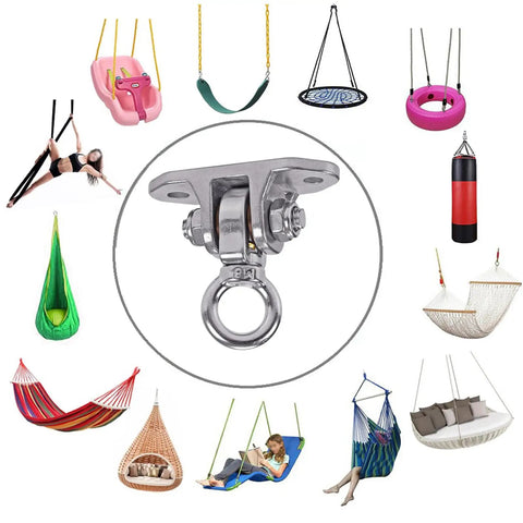 Heavy Duty Stainless Steel Ceiling Swing Hanger Wicked Smooth 360 Rotation Silent Bearing Mount close-up with various hanging seats arranged.