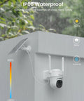 Solar Powered Wireless Outdoor Security Cameras Two Pack No Wires 3MP Resolution Pan Tilt 360 Degree on rainy day, mounted outside