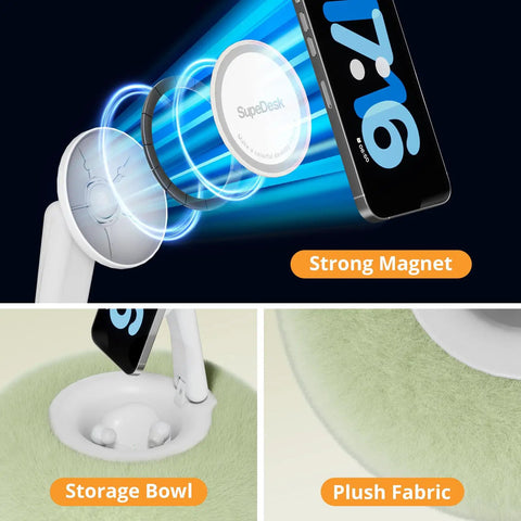 Magnetic Phone Pillow Stand For Bed And Desk With Snack Bowl And Two Magnetic Rings Hands Free Holder For 3.5 To 7 Inch iPhone E Reader Kindle Cozy Lap Mount Green showing strong magnet, storage bowl, and plush fabric details.