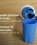Close-up of double junction pH probe and titanium EC electrodes from 3 In 1 Temperature, EC PPM And pH Meter for hydroponics.