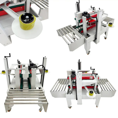 Automatic Foam Box Side Sealing Machine 110V Built Tough Rubber Conveyor Belt Package Tape Sealer for Insulated Coolers in action.