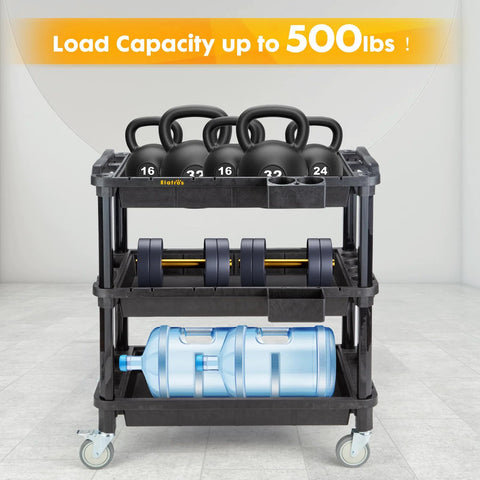 Multi Use Utility Cart With Three Deep Shelves Heavy Duty Service Cart Industrial Grade Tool Organizer Rolling Mobile Cart Holds Up To 500 Lbs Durable Weather Resistant Polypropylene Black holding weights and water bottles