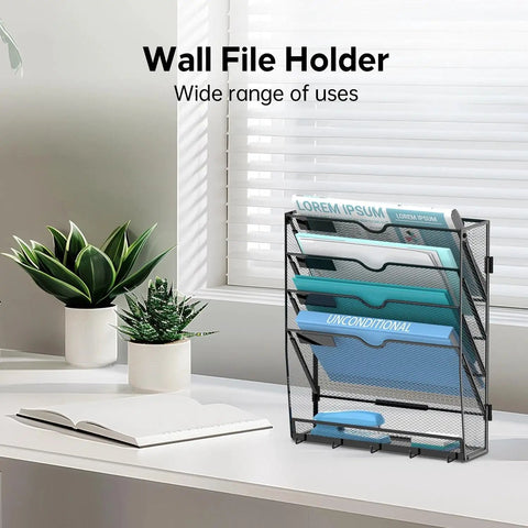 Wall Mount Paper File Organizer With Mail Sorter Slots And Five Heavy Duty Hooks For Home Office Storage And Kick Clutter To The Curb While Keeping Daily Bills Folders And Keys Totally Spick And Span In Sleek Black