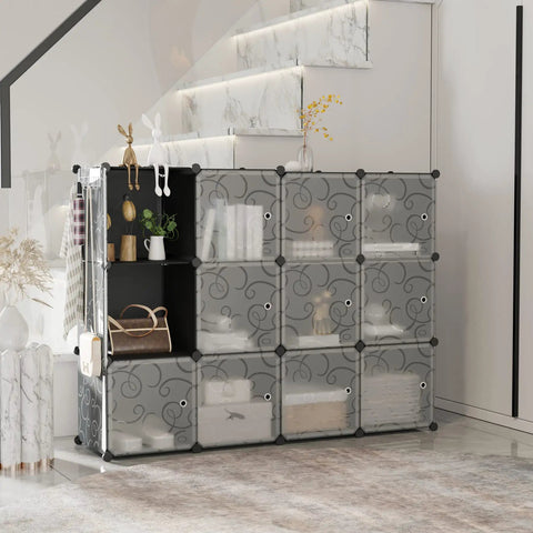 12 Cube Storage Organizer With Doors For Bedroom And Living Room, DIY Plastic Modular Bookshelf Cabinet with decor items