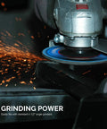 Front view of a blue 4.5-inch zirconia flap disc mounted on an angle grinder, sparks flying
