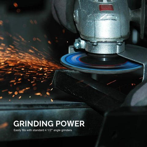 Front view of a blue 4.5-inch zirconia flap disc mounted on an angle grinder, sparks flying