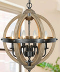 Orb Four Light Farmhouse Chandelier In Stardust Brown Finish With Handmade Rustic Wood Accents for cozy warm glow in room.