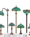 Green Stained Glass Dragonfly Tiffany Style Table Lamp With Metal Leaf Accent collection, various designs and sizes, bronze bases.