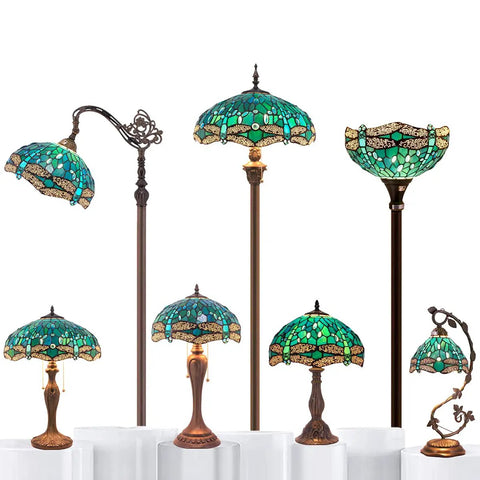 Green Stained Glass Dragonfly Tiffany Style Table Lamp With Metal Leaf Accent collection, various designs and sizes, bronze bases.