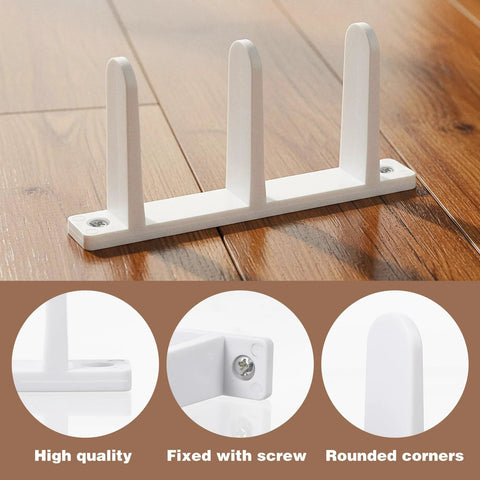 12 Pack Sliding Closet Door Floor Guides, Universal ABS Bottom Guides For 1-3/8 Inch Thick Doors, White Cabinet Hardware With Screws, shown on wooden floor with close-ups of features.