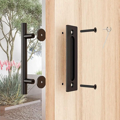 Sliding Barn Door Handle Hardware Two Sided Design In Black Carbon Steel With Brushed Stainless Steel 304 Build shown uninstalled.