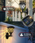 Close-up of Solar Wall Lanterns Two Pack, Waterproof Decorative Solar Powered Lights on fence, nighttime glow with solar panel inset.