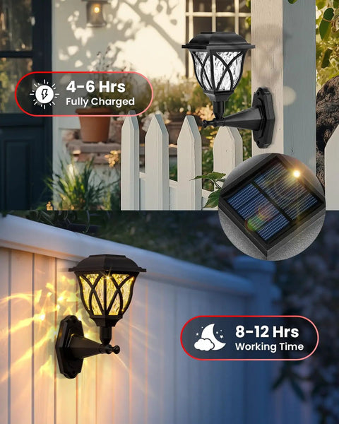 Close-up of Solar Wall Lanterns Two Pack, Waterproof Decorative Solar Powered Lights on fence, nighttime glow with solar panel inset.