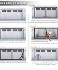 Installation steps for Magnetic Garage Door Screen For 16x7 Double Car Doors with hands-free mesh curtain and gravity sticks.