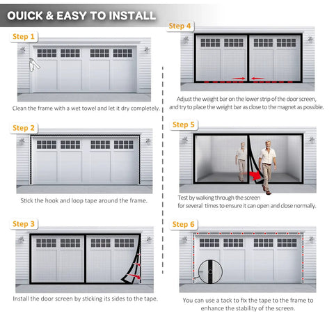 Installation steps for Magnetic Garage Door Screen For 16x7 Double Car Doors with hands-free mesh curtain and gravity sticks.