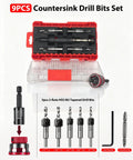 Heavy Duty Nine Piece Countersink Drill Bit Set With Adjustable Depth Stop Collar And Tct Alloy Steel in case with various sizes.