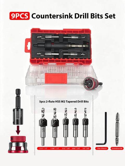 Heavy Duty Nine Piece Countersink Drill Bit Set With Adjustable Depth Stop Collar And Tct Alloy Steel in case with various sizes.