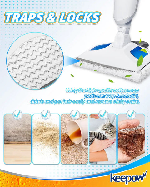 Close-up of Six Pack Steam Mop Pads For Bissell PowerFresh 1940 1544 1440 Series with microfiber pad trapping dirt and debris.