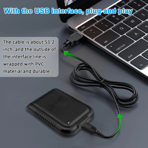 Plug and play USB 125kHz RFID Card Reader With EM4100 Support connected to a laptop, showing durable PVC cable.