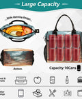 Insulated Lunch Bag for Outdoor Adventures With Desert Landscape Clouds Design showing open top, cans inside, wide opening