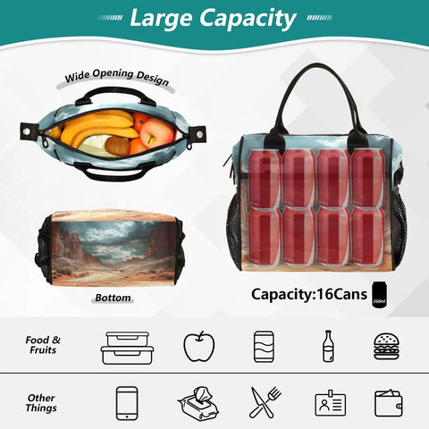 Insulated Lunch Bag for Outdoor Adventures With Desert Landscape Clouds Design showing open top, cans inside, wide opening