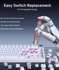 Slick 60 Percent Wired Mechanical Gaming Keyboard With RGB Backlight And Hot Swappable Gasket Mount Featuring Pre Lubed Linear Blueberry Switches And Aluminum Volume Knob For A Top Shelf Typing Setup In Clean White, showcasing easy switch replacement with a robotic hand.